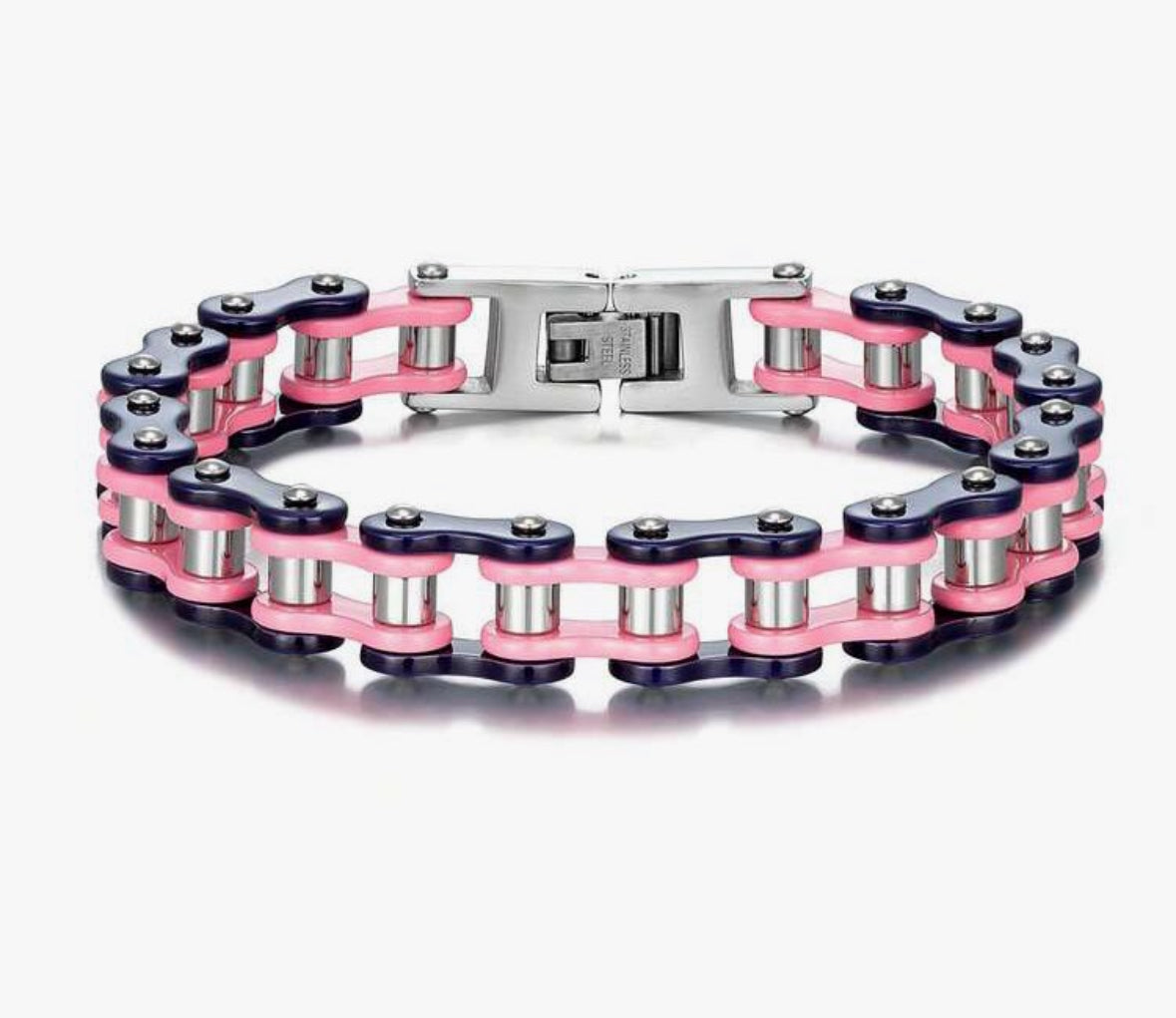 Pink and navy blue motorcycle chain bracelet with silver clasp.