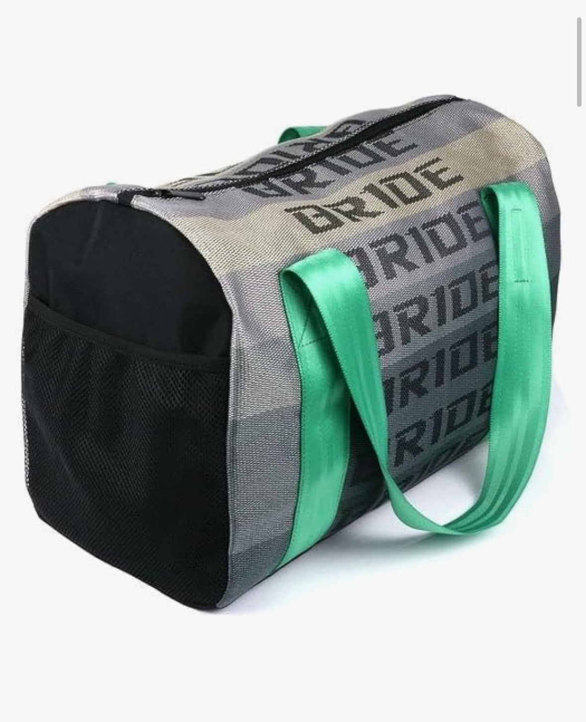 Gray duffel bag with DRIDE text, green handles, mesh pocket.