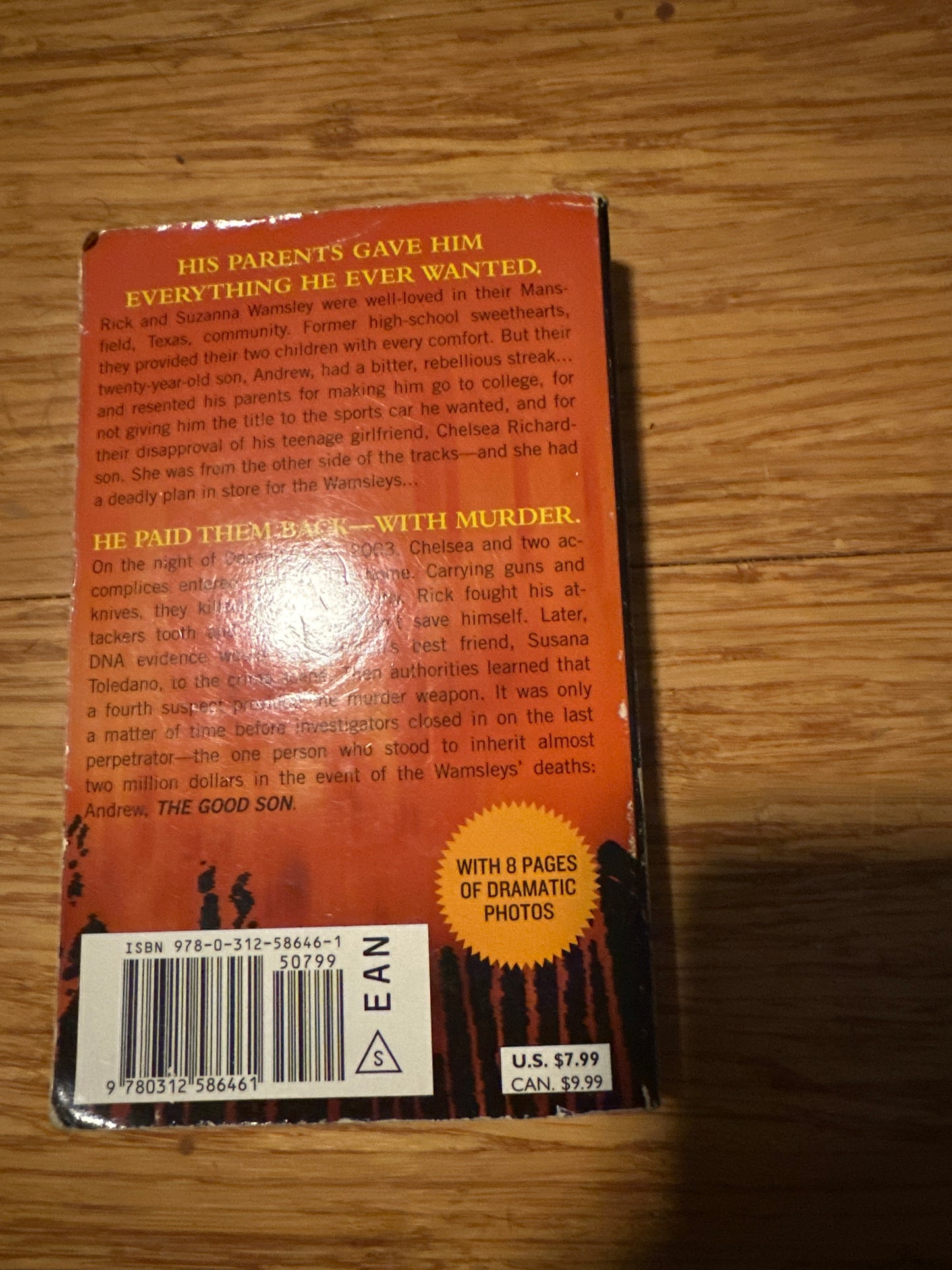 Back cover of a book with a red and orange design, featuring text about a murder mystery.