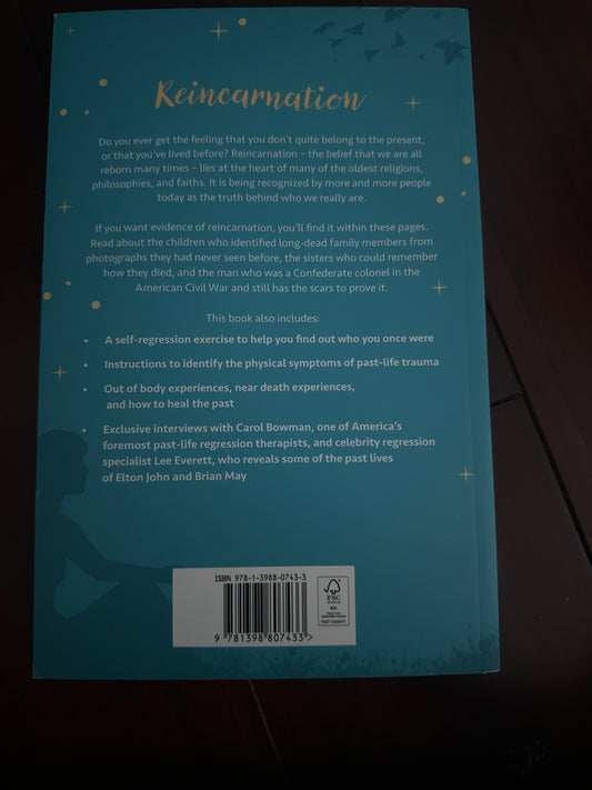 Back cover of Reincarnation book with text and barcode.