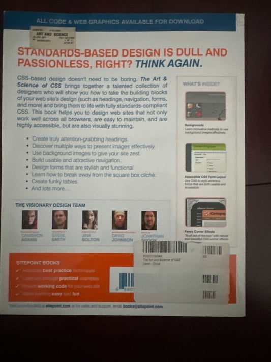 Back cover of The Art Science of CSS book by SitePoint, featuring design tips and authors.