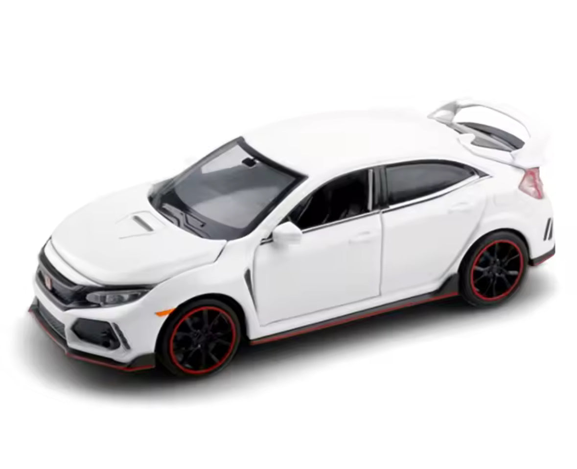 White Honda Civic Type R die-cast model with black and red accents.