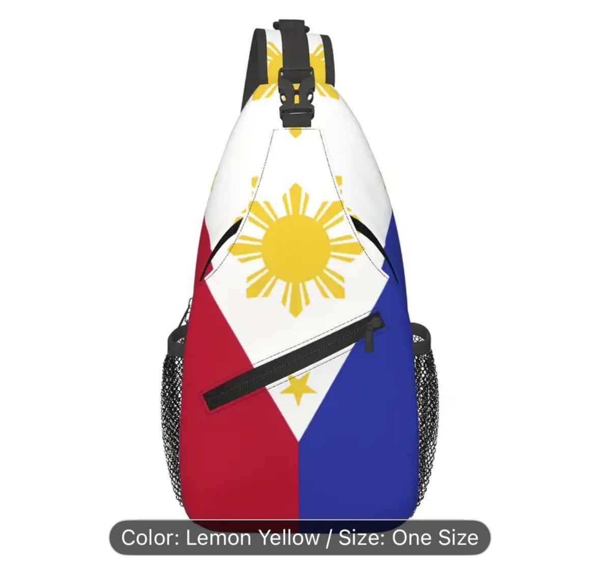 Philippine flag design sling bag with mesh pockets.