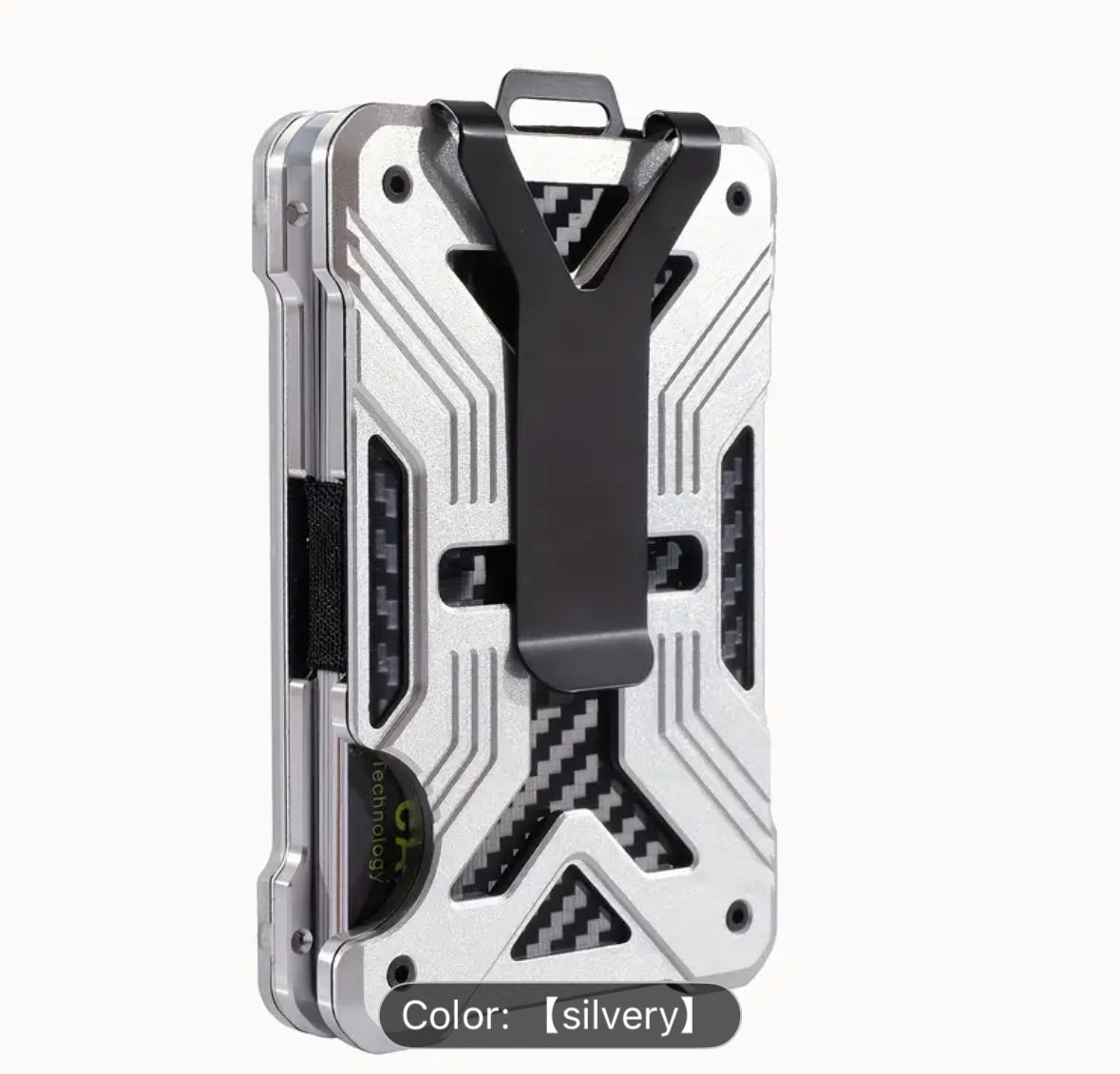 Silver metallic phone case with circuit design and black accents.