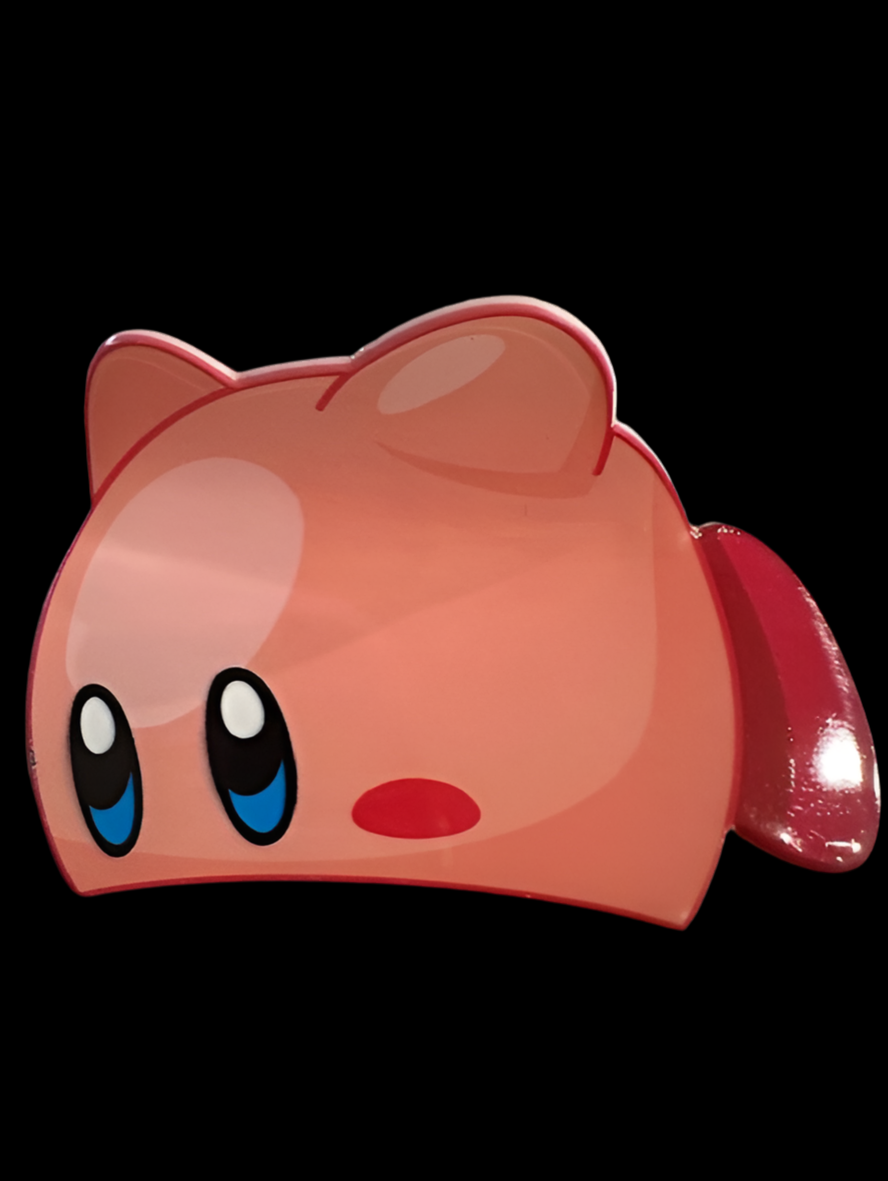 Cute pink cartoon fox face with big eyes and red nose.
