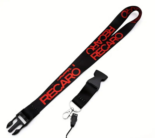 Black RECARO lanyard with red logo and buckle, white background.