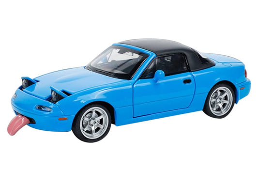 Blue toy car with a protruding tongue on white background.