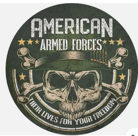 Circular sticker featuring a skull in an American Armed Forces helmet with stars and crossed bullets.