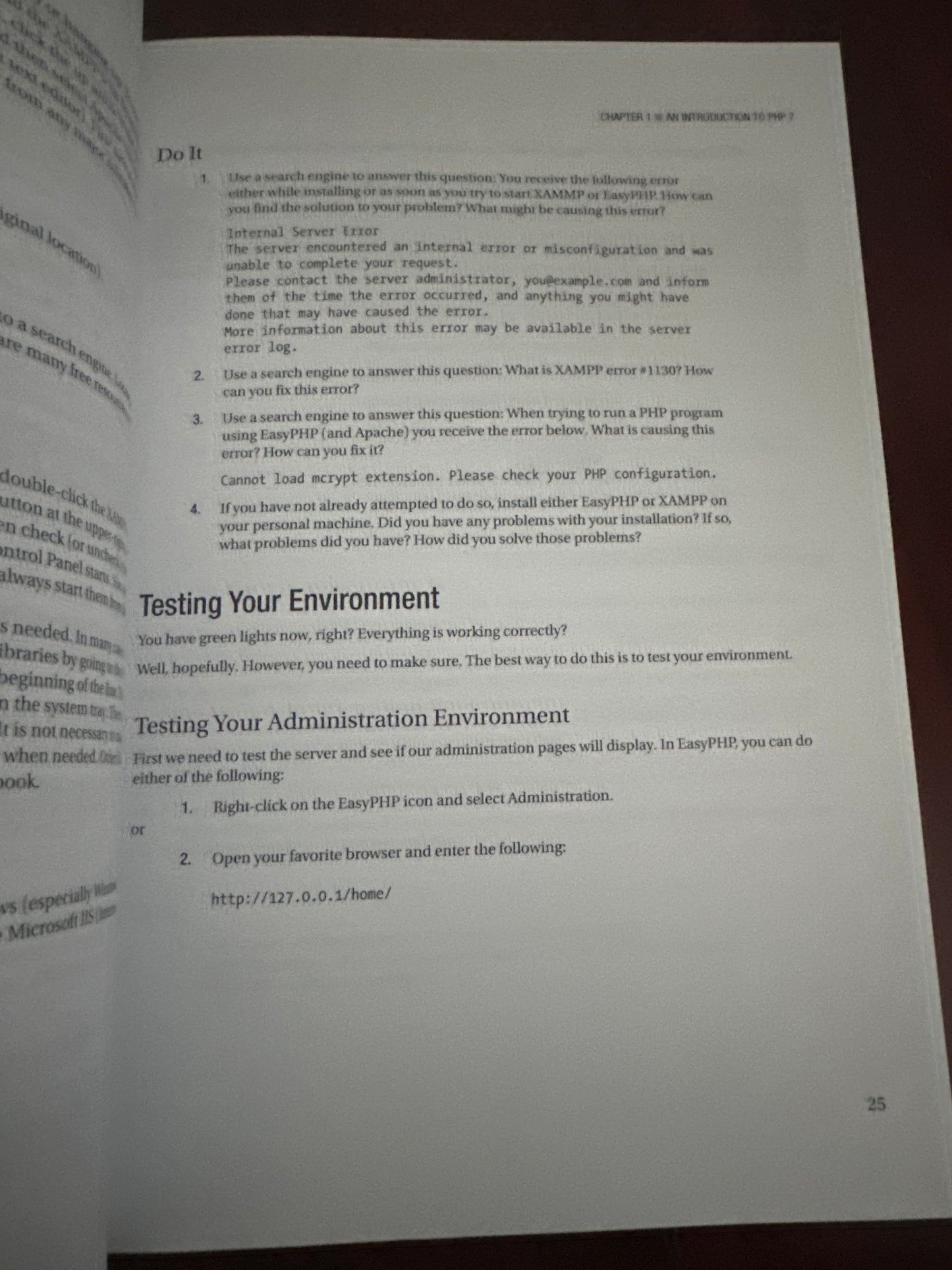 PHP programming book page with instructions on testing environment and administration.