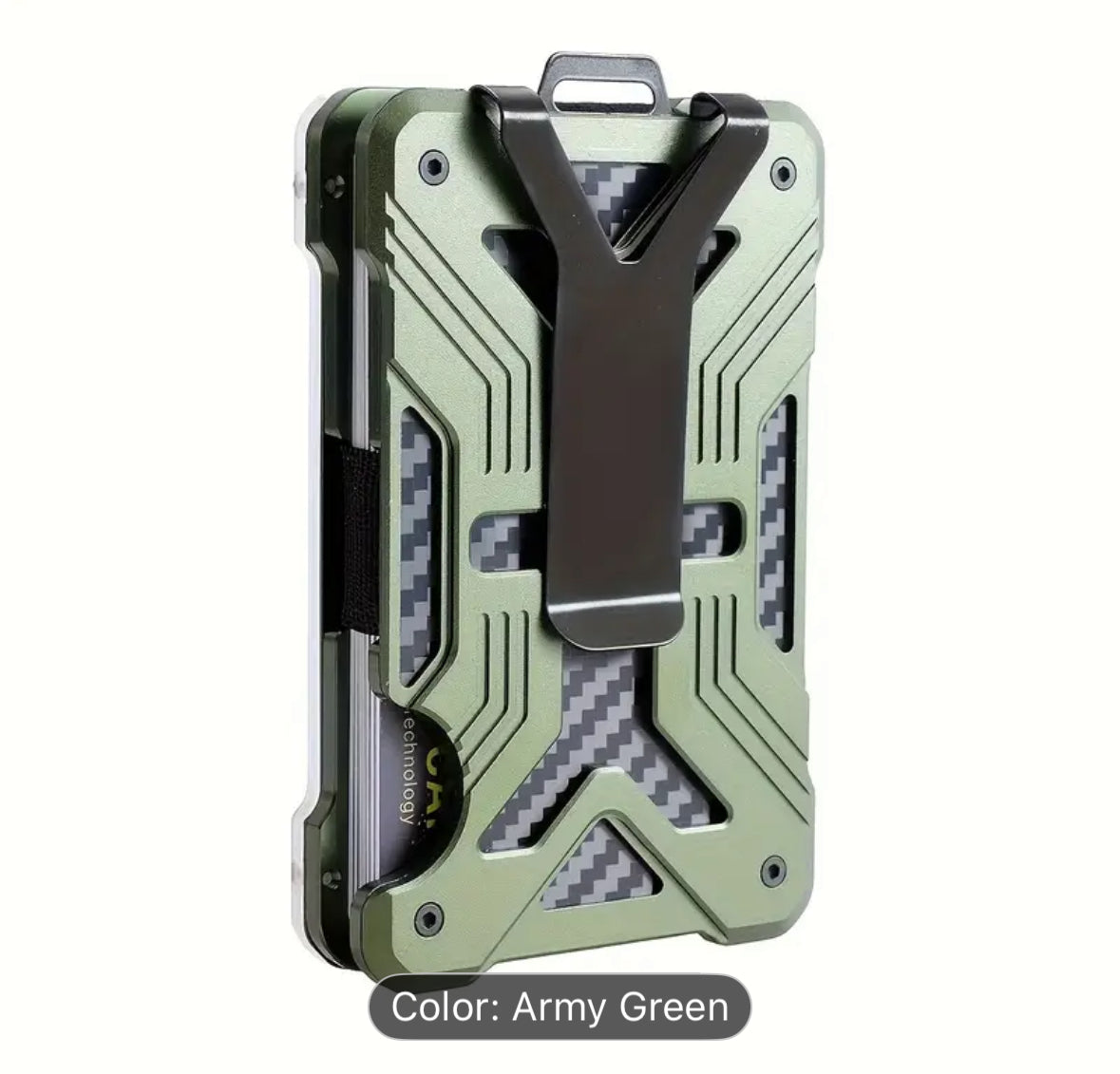 Army Green tactical wallet with carbon fiber accents and clip.