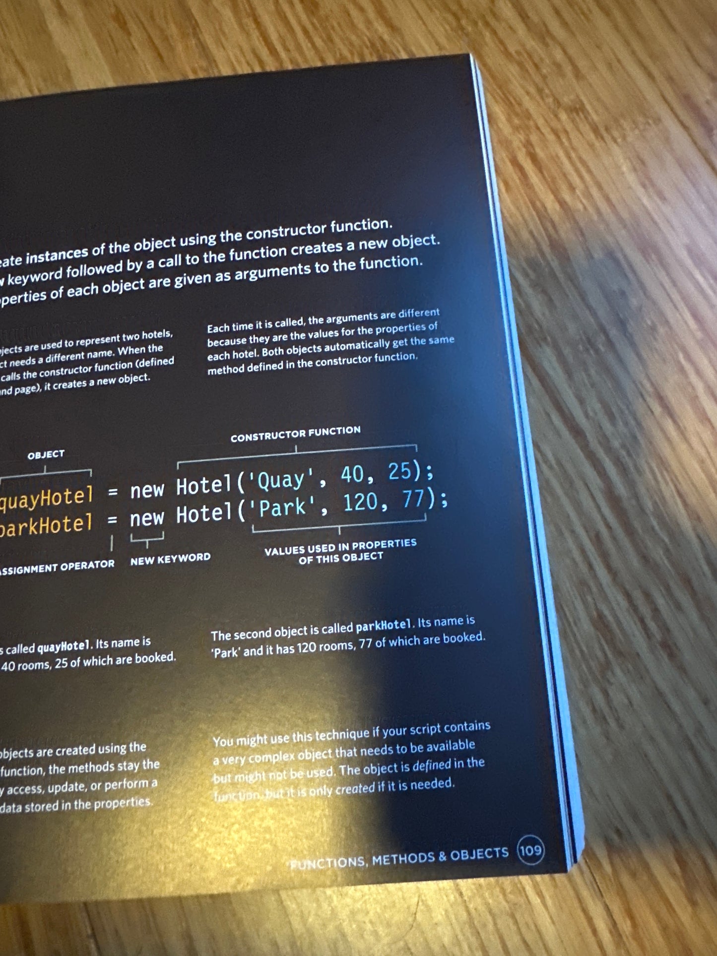 Code snippet explaining constructor functions and object properties on a book page.