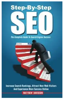 Step-by-Step SEO guide book cover with businessman climbing steps.