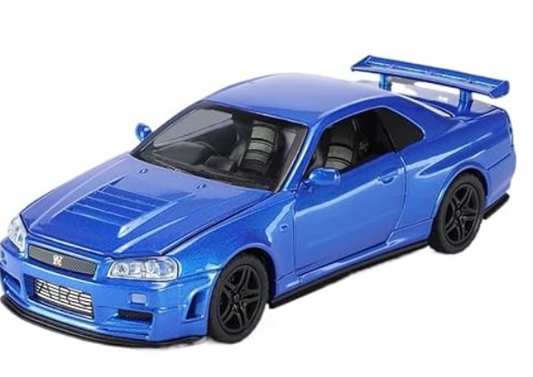Blue Nissan GT-R die-cast model car with spoiler and black wheels.