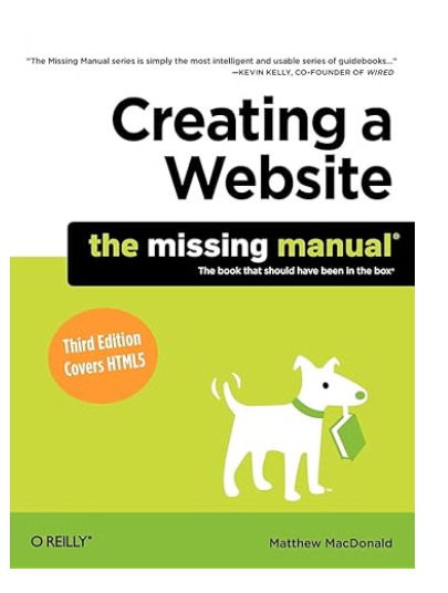 Green book cover for Creating a Website The Missing Manual with dog illustration.