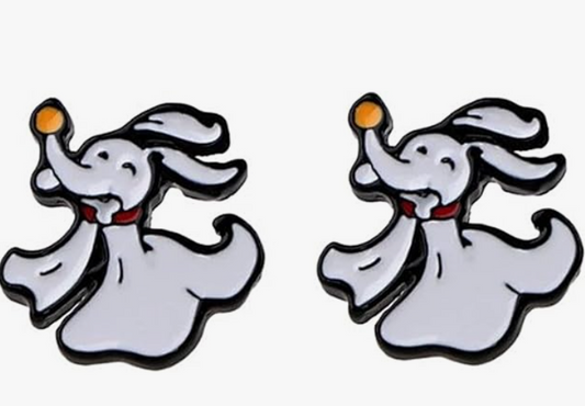 Pair of cute ghost-shaped earrings with orange eyes and red bow ties.