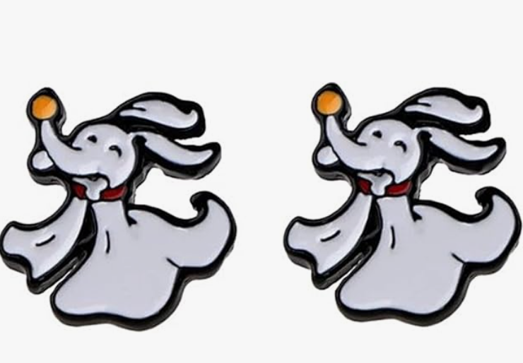 Pair of cute ghost-shaped earrings with orange eyes and red bow ties.