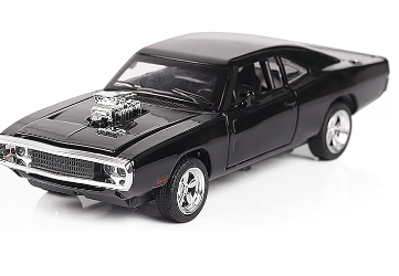 Black classic muscle car model with chrome details and hood scoop.