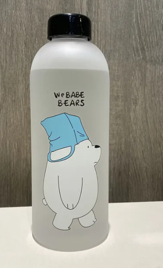 Transparent water bottle with cute bear illustration and We BABE BEARS text.