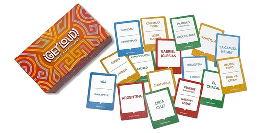 Get Loud word game box with colorful cards featuring bilingual words.