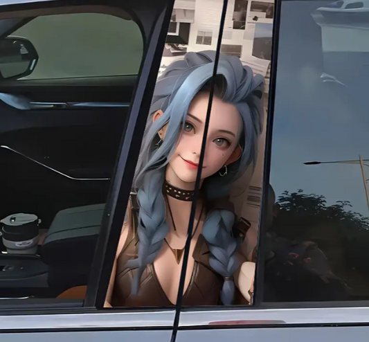 Anime girl with blue hair in car window, looking out.