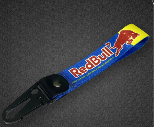 Red Bull branded lanyard with bull logo and hook.