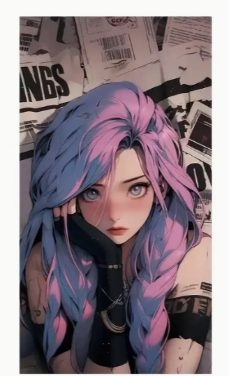 Anime-style character with blue and pink hair, surrounded by papers.