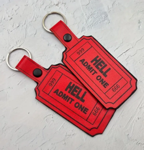 Red Hell Admit One ticket keychains with silver rings.