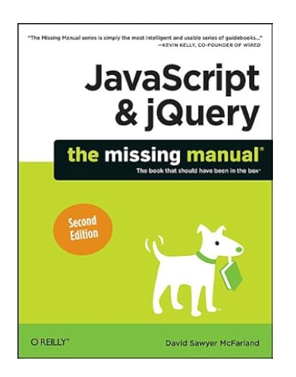 Green book cover of JavaScript jQuery The Missing Manual with dog illustration.