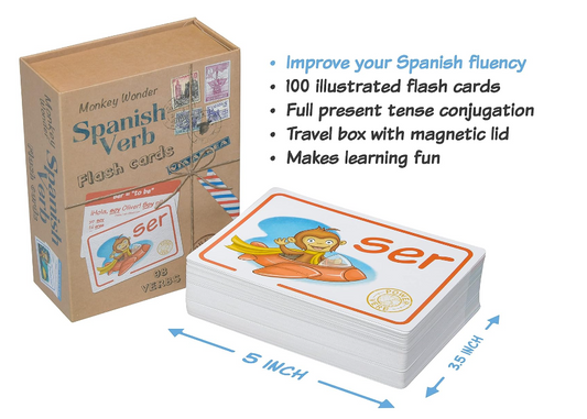 Monkey-themed Spanish verb flash cards in travel box with magnetic lid.
