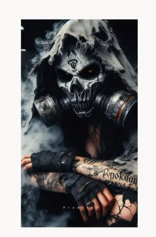 Grim reaper with gas mask and tattoos, smoky background.