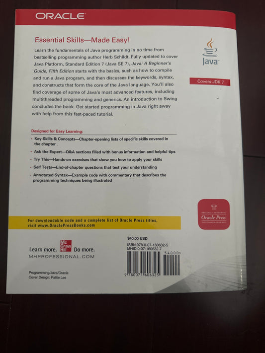 Back cover of Java A Beginners Guide, Fifth Edition by Herb Schildt.