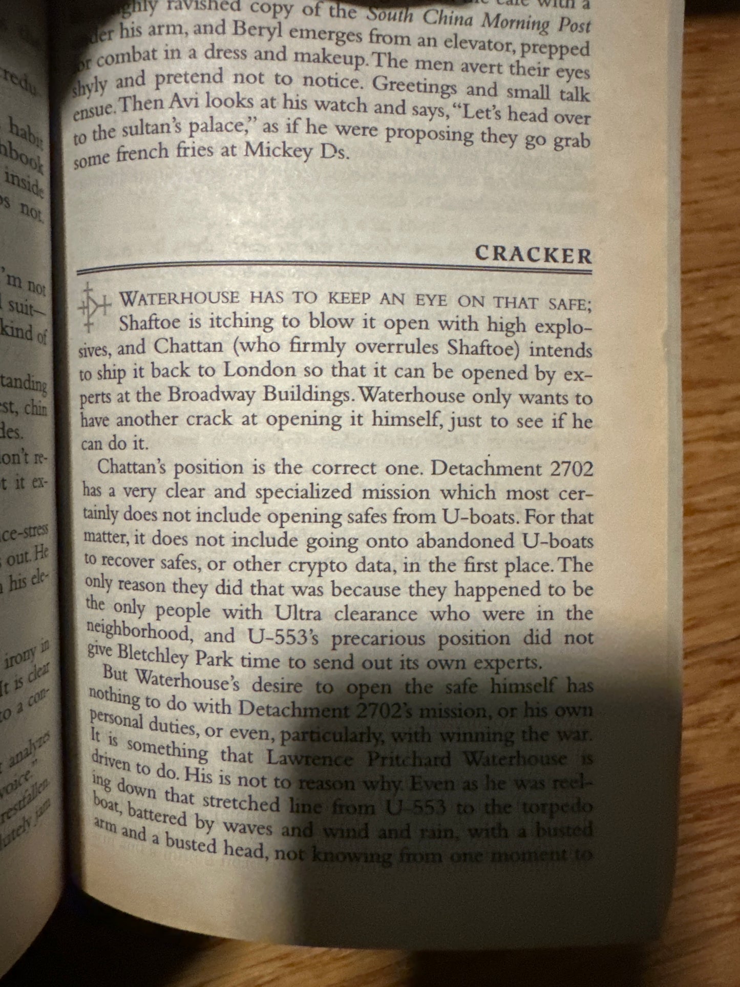 Open book page titled Cracker discussing a safe and its contents.