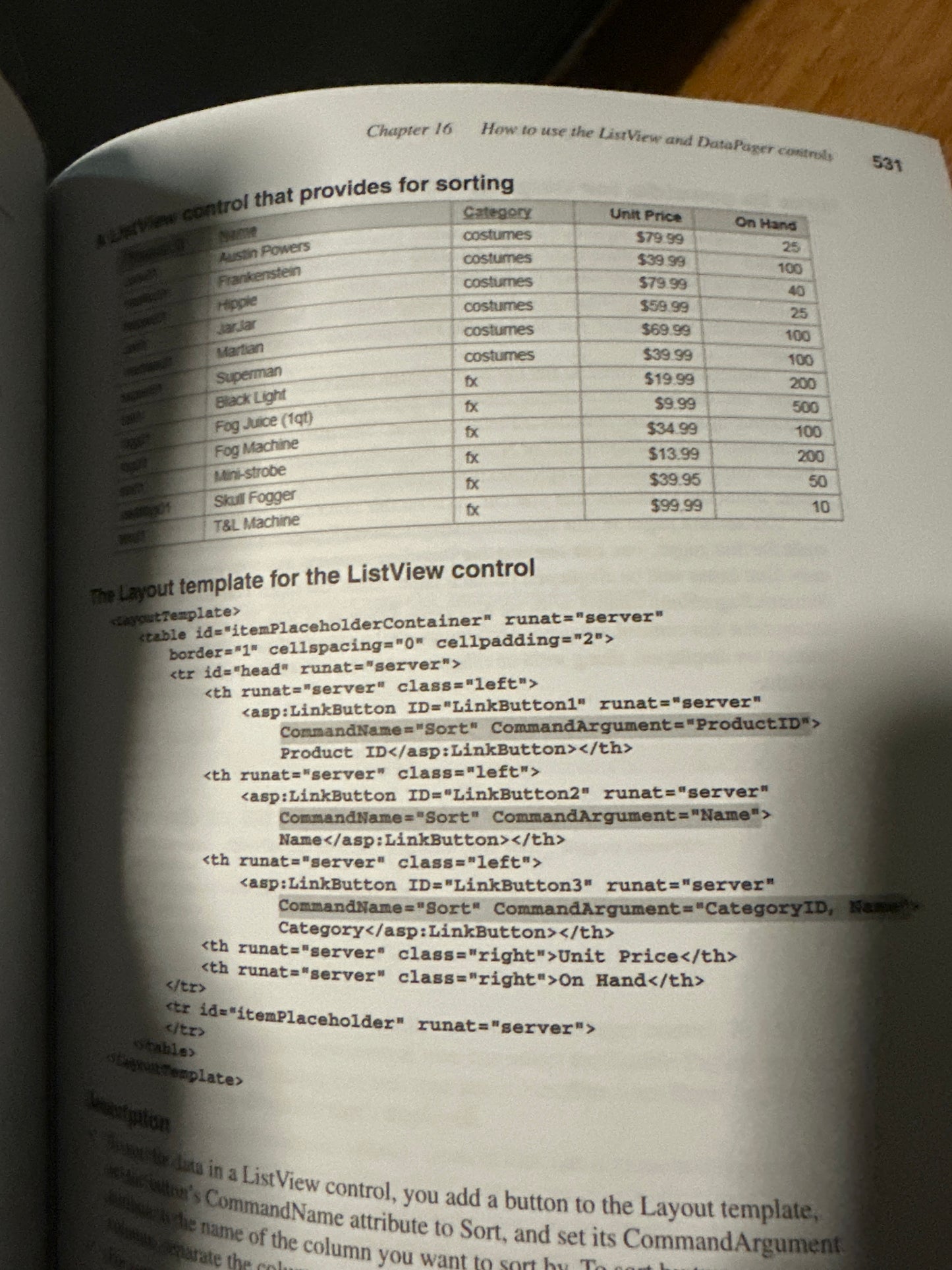 Open book page showing ListView control code and table with product data.