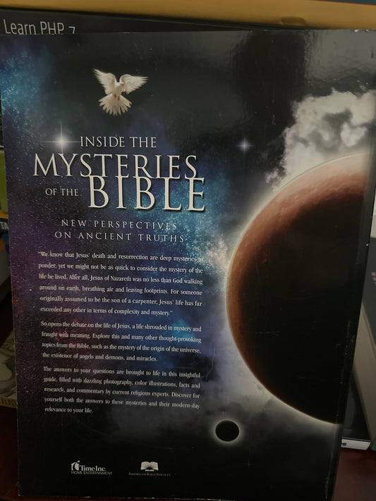 Cover of Inside the Mysteries of the Bible with celestial imagery and text.