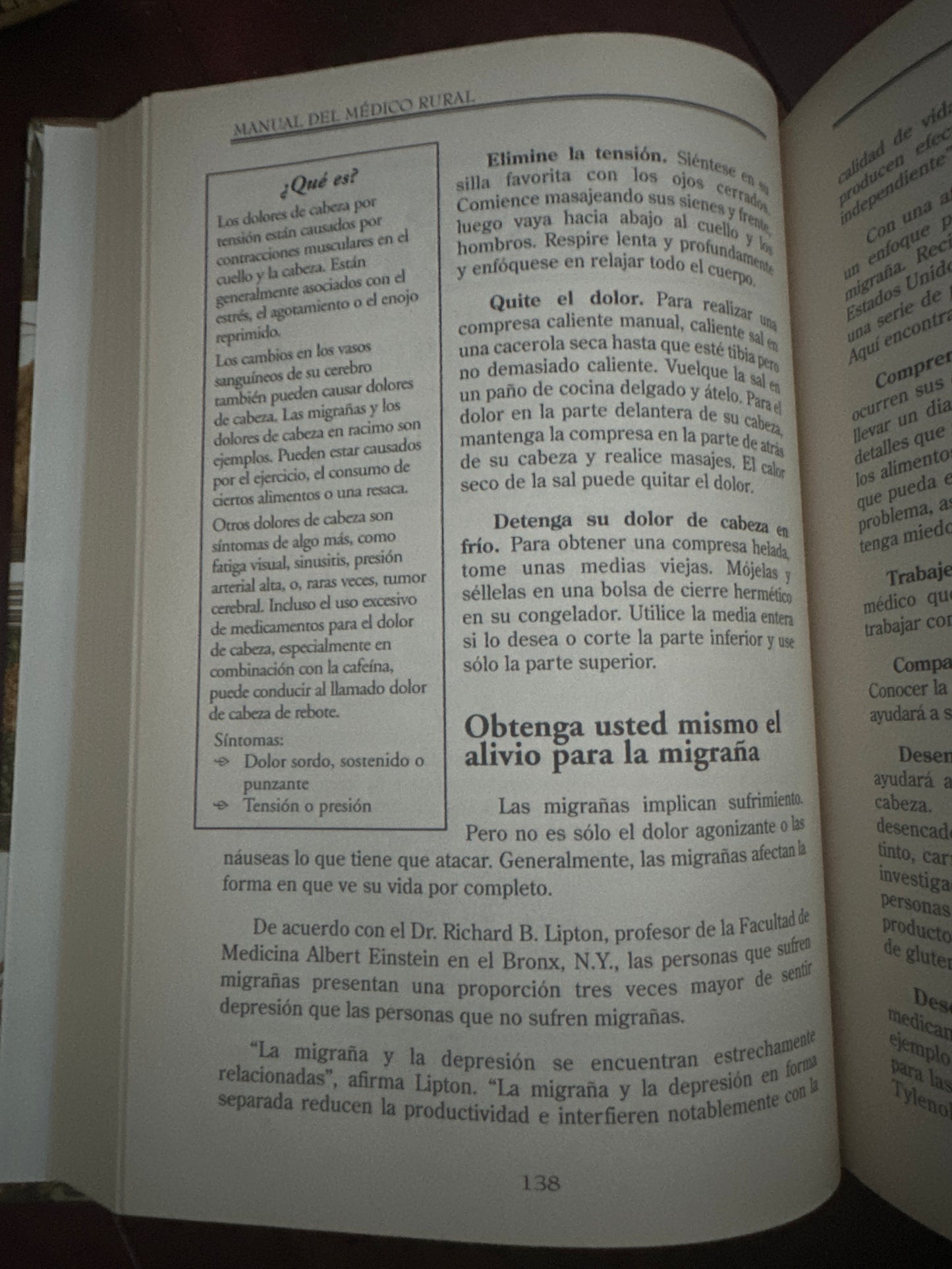 Open book page discussing migraines and headache relief in Spanish.