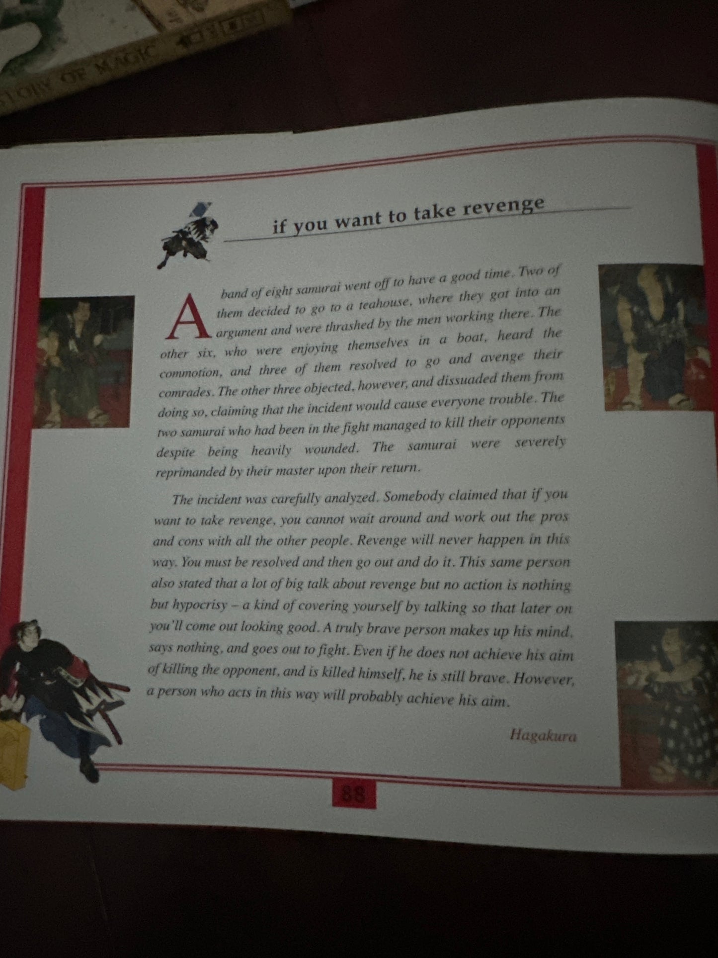 Page from a book discussing samurai revenge and decision-making.