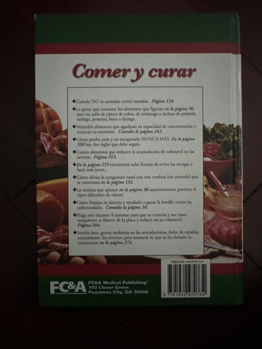 Back cover of Comer y curar book with health tips and food images.