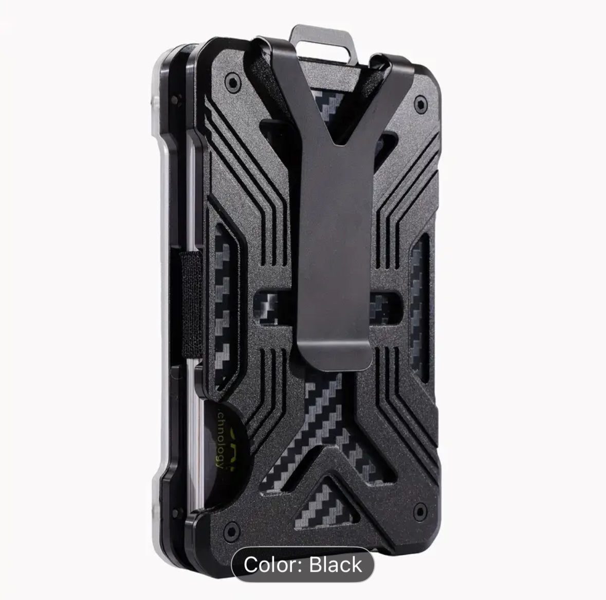 Black rugged phone case with textured design and belt clip.