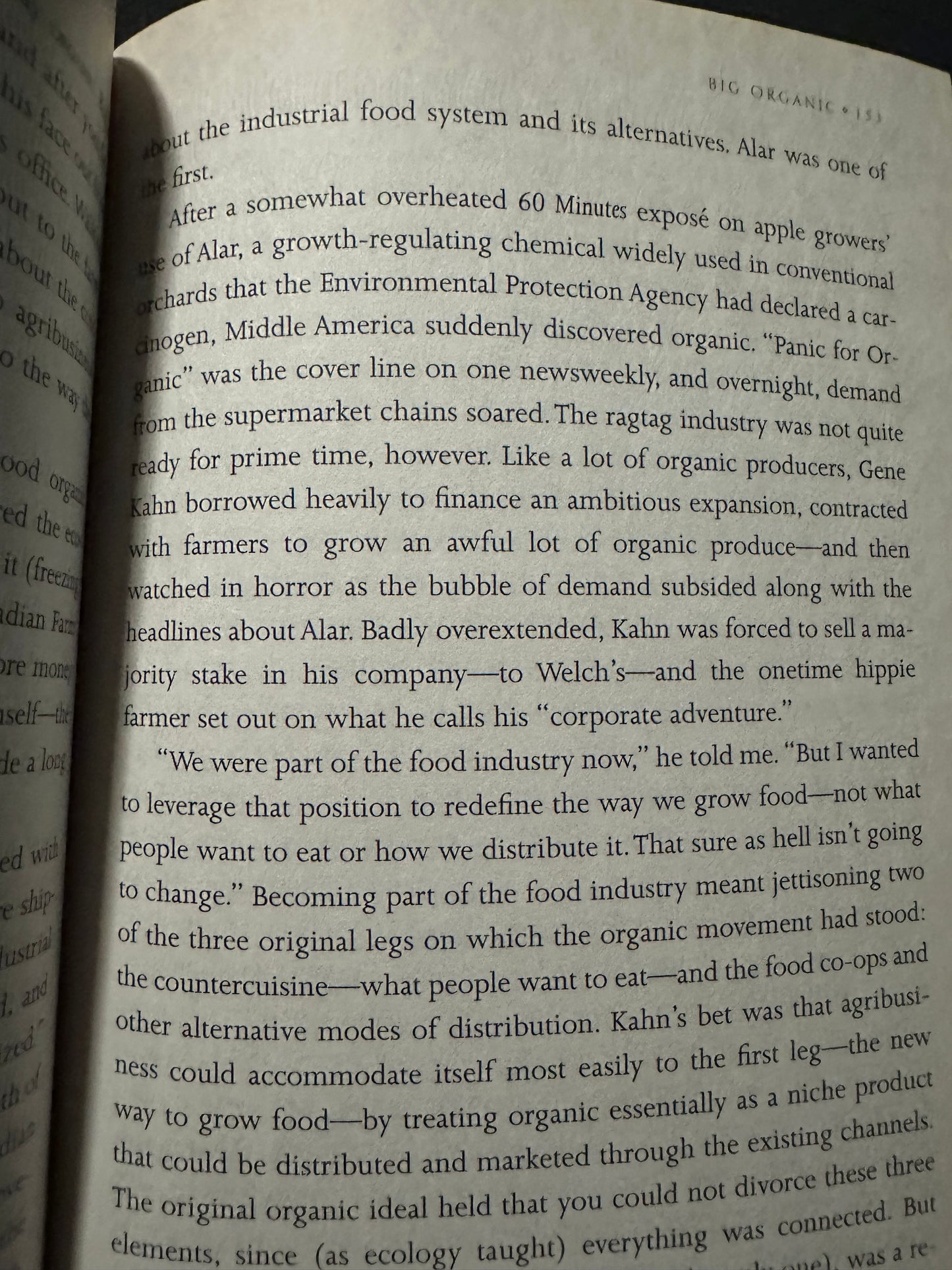 Open book page discussing organic food and the industrial food system.