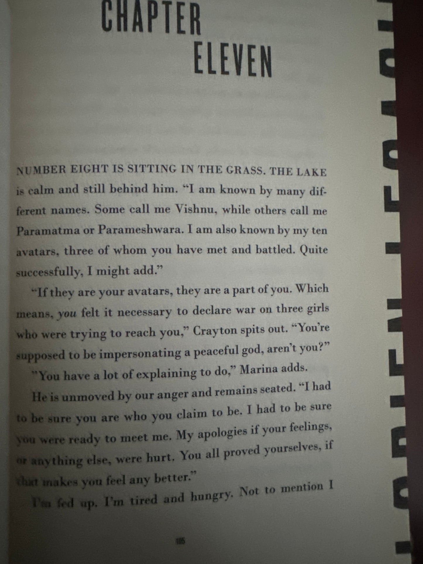 Book page showing Chapter Eleven with text about a character named Number Eight.