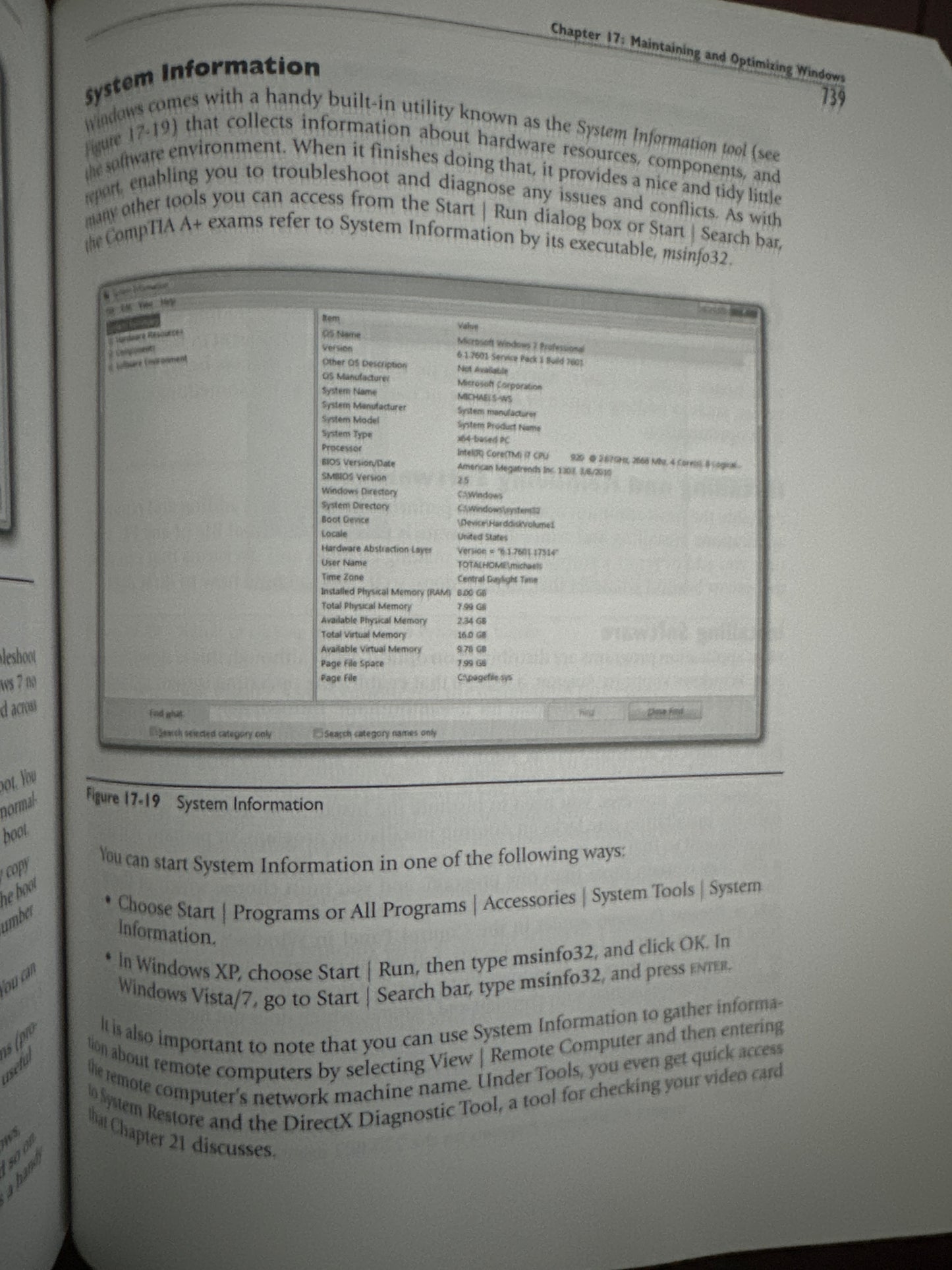 Book page showing System Information utility screenshot with detailed system specifications.