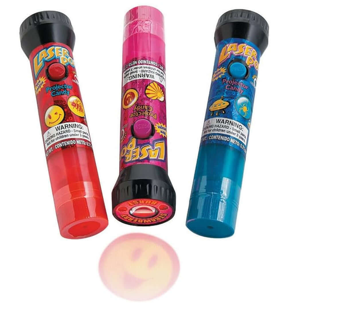 Colorful Laser Pop Projector Candy tubes with fun designs and warning labels.