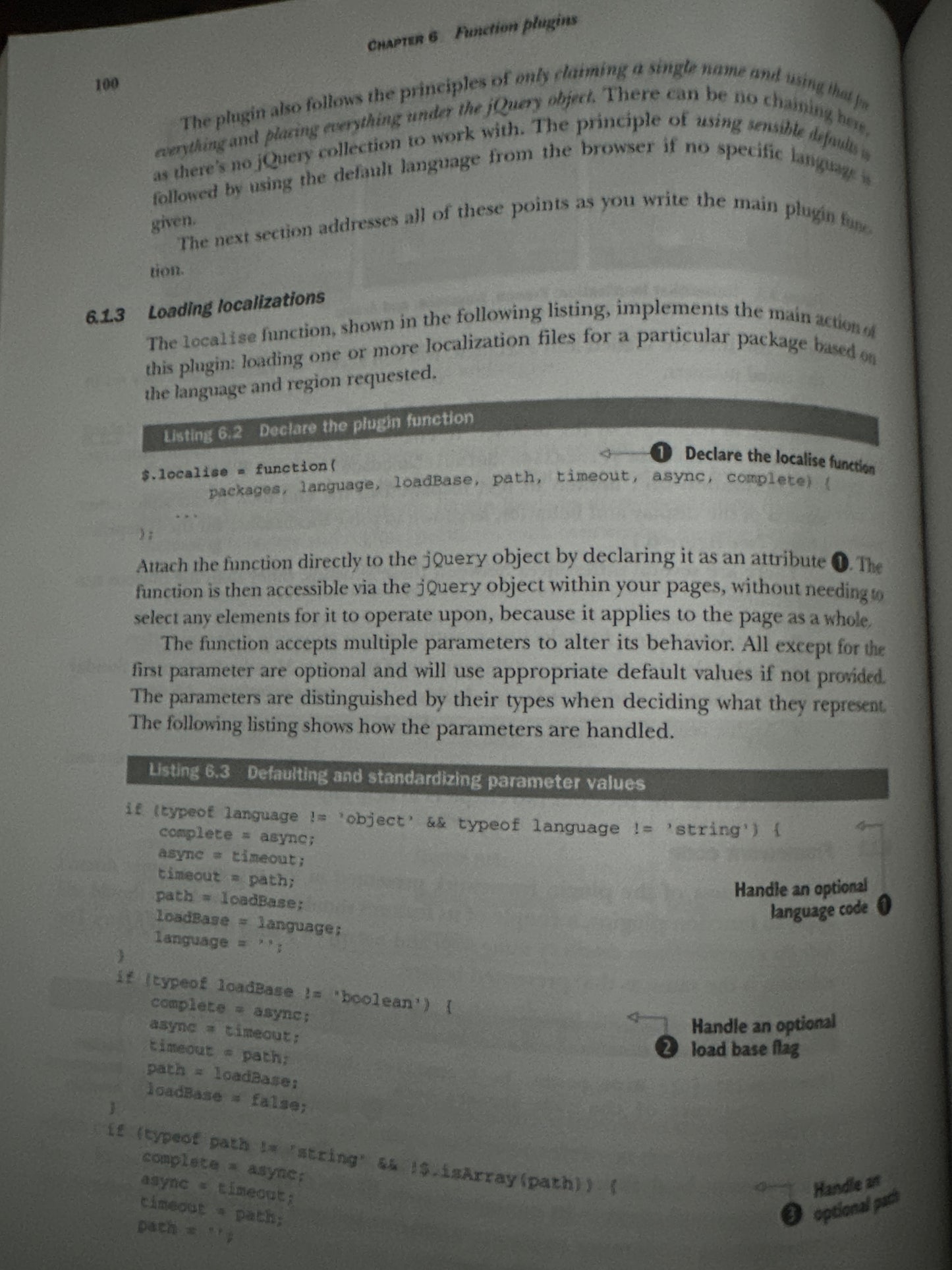 Open book page explaining jQuery plugin localization and parameters.