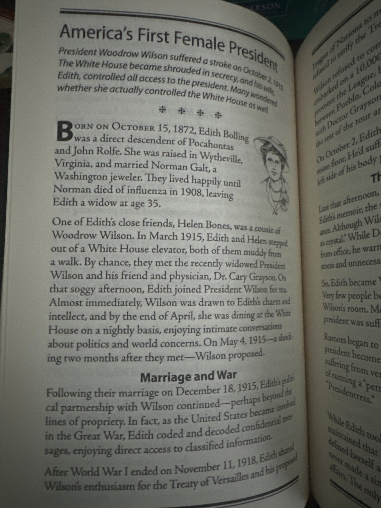 Book page with text about Edith Bolling Galt and her relationship with Woodrow Wilson.