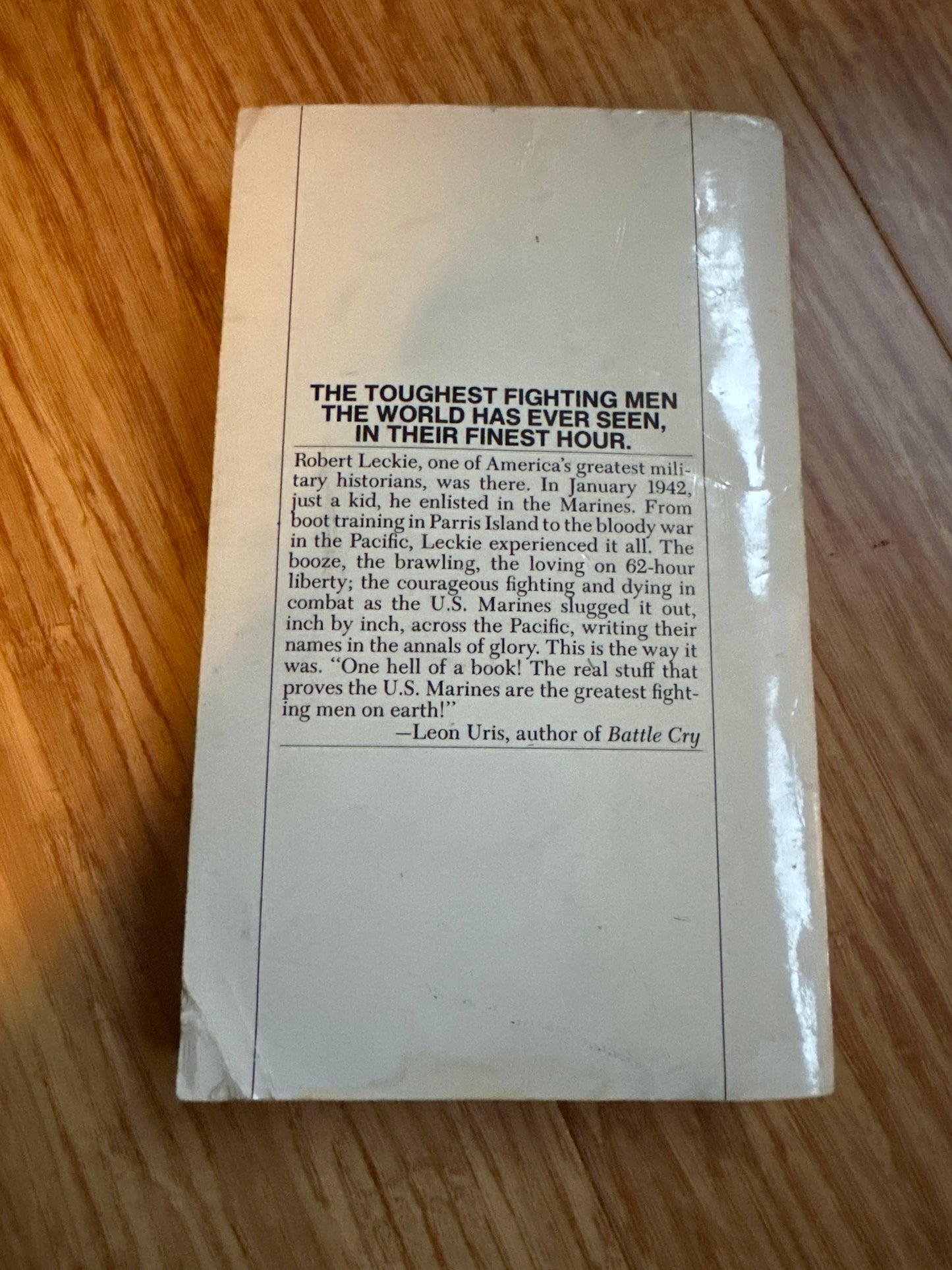 Back cover of The Toughest Fighting Men book on wooden surface.