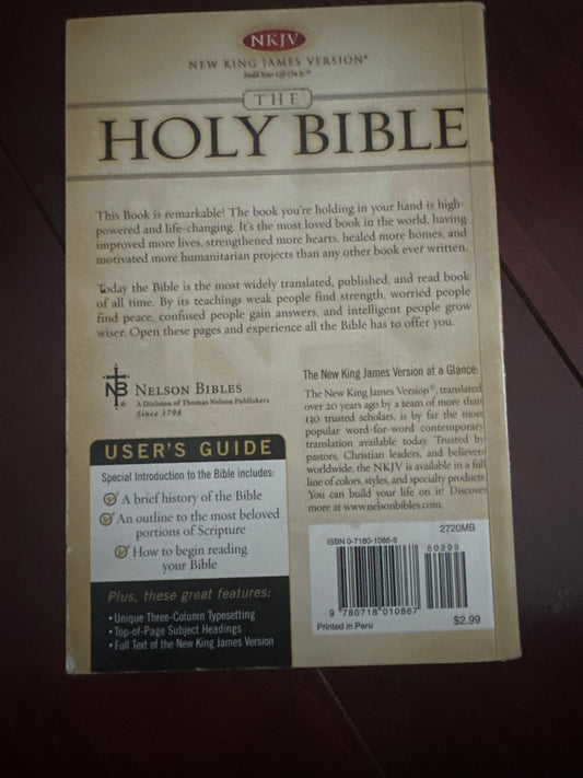Back cover of the NKJV Holy Bible, featuring user guide and barcode.
