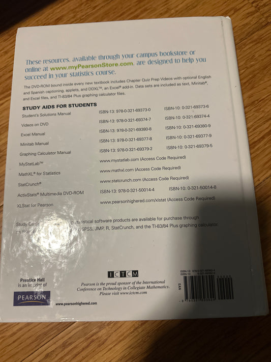 Back cover of a Pearson statistics textbook with study aids and ISBNs listed.