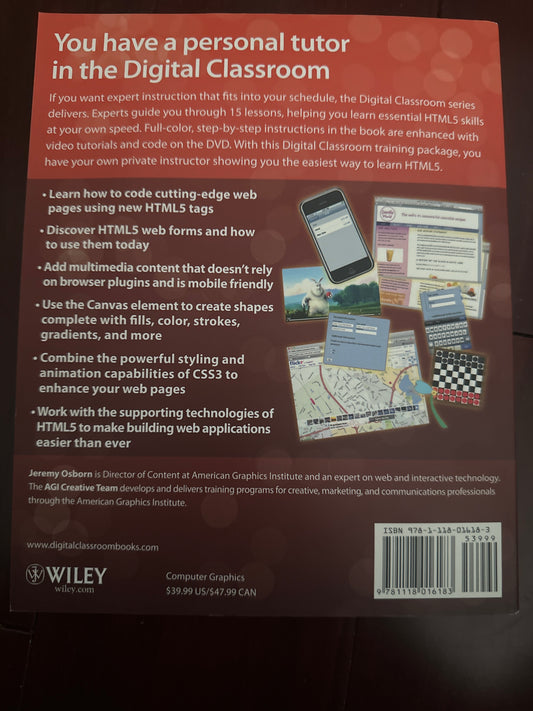 Back cover of HTML5 Digital Classroom book with tutorials and multimedia examples.