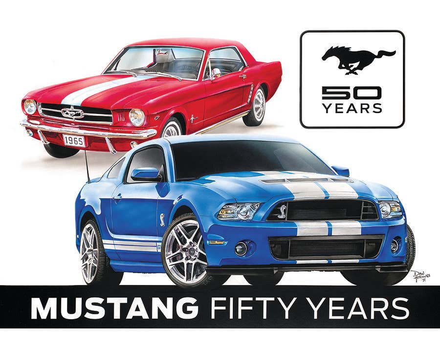 Classic red and modern blue Ford Mustangs celebrating 50 years.