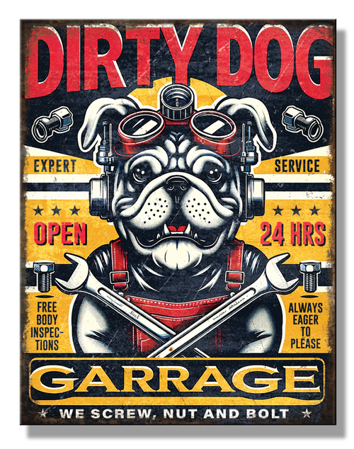 Vintage Dirty Dog Garage poster featuring a bulldog with goggles and wrenches.